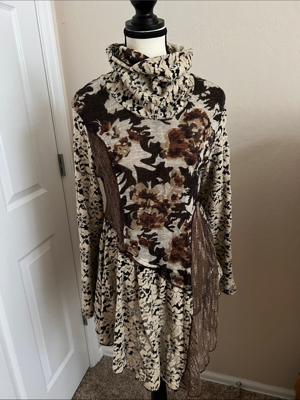 Adore Cream and Brown Mixed-Print Cowl Neck Dress
